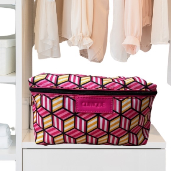 Clinique Handbags - Clinique Cosmetic Travel Bag; Bright Pink, Black, Yellow, Zip Closure, NWOT